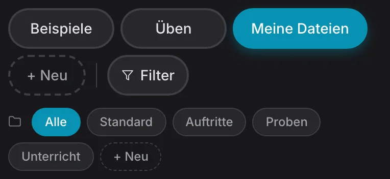 Die echte Mediathek mit Meine Dateien und mehreren lokalen Ordnern: Proben, Unterricht und Auftritte