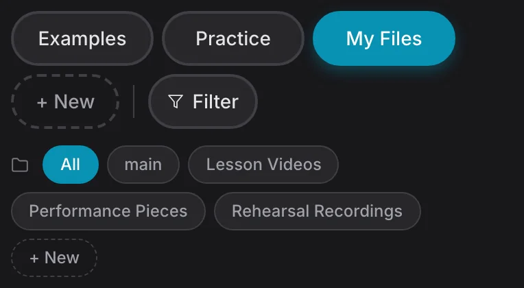 The real media library with My Files selected above several local folders: main, Rehearsal Recordings, Lesson Videos and Performance Pieces