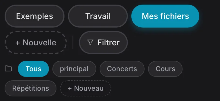 La médiathèque réelle : Mes fichiers est sélectionné au-dessus de plusieurs dossiers locaux, dont Répétitions, Cours et Concerts