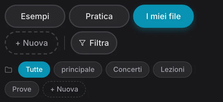 La vera libreria con I miei file selezionato e più cartelle locali: Prove, Lezioni e Concerti