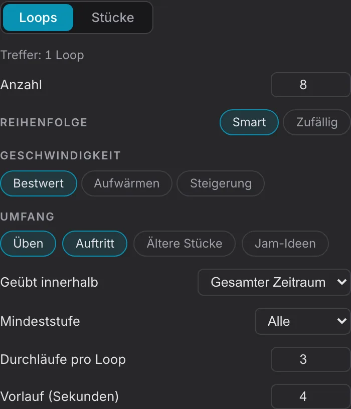 Loop-Einstellungen mit Reihenfolge und ausgewählten Kategorien
