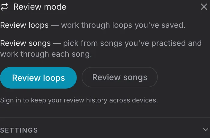 Review mode card with Review loops, Review songs and settings