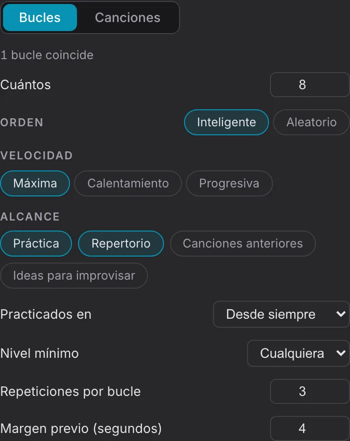 Ajustes de bucles con orden y categorías seleccionadas