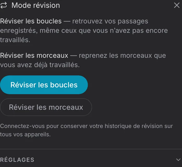 Carte du mode révision : boucles et morceaux