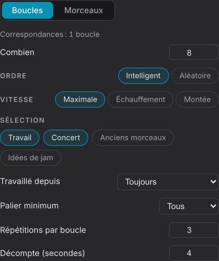 Réglages des boucles : ordre et catégories sélectionnées