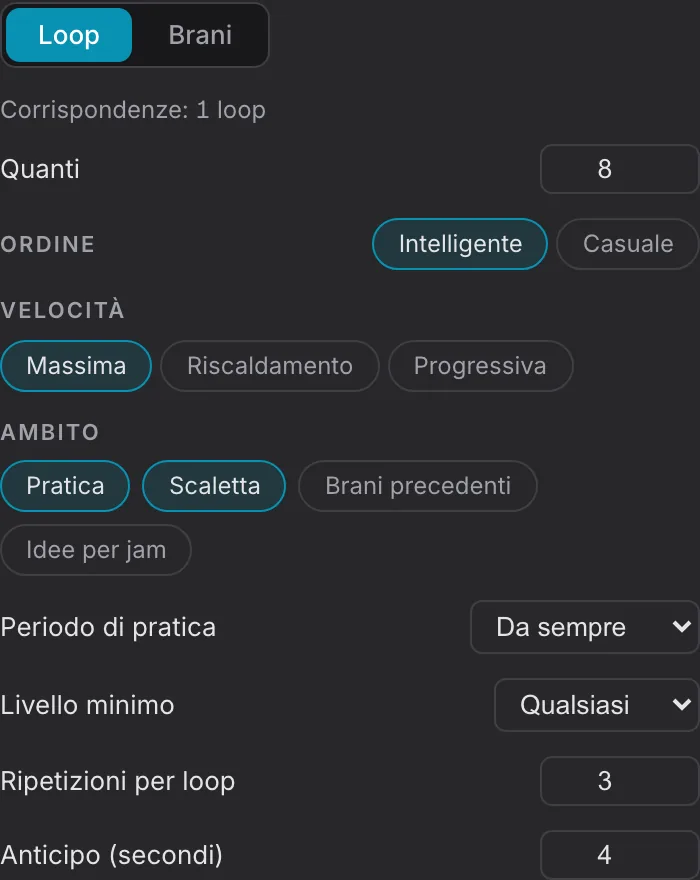 Impostazioni dei loop con ordine e categorie selezionate