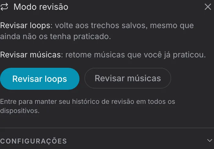 Cartão para revisar loops e músicas