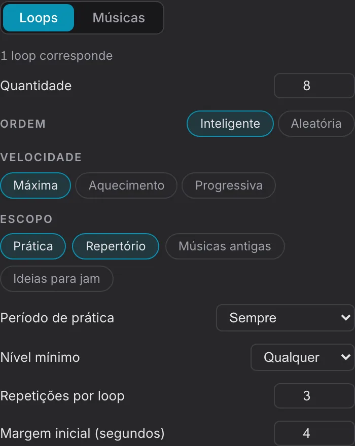 Configurações dos loops com ordem e categorias selecionadas